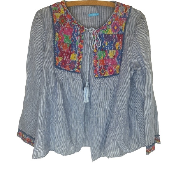 J. MCLAUGHLIN Blue and White Stripe Embroidered Tassel Top Size Medium - Picture 2 of 16